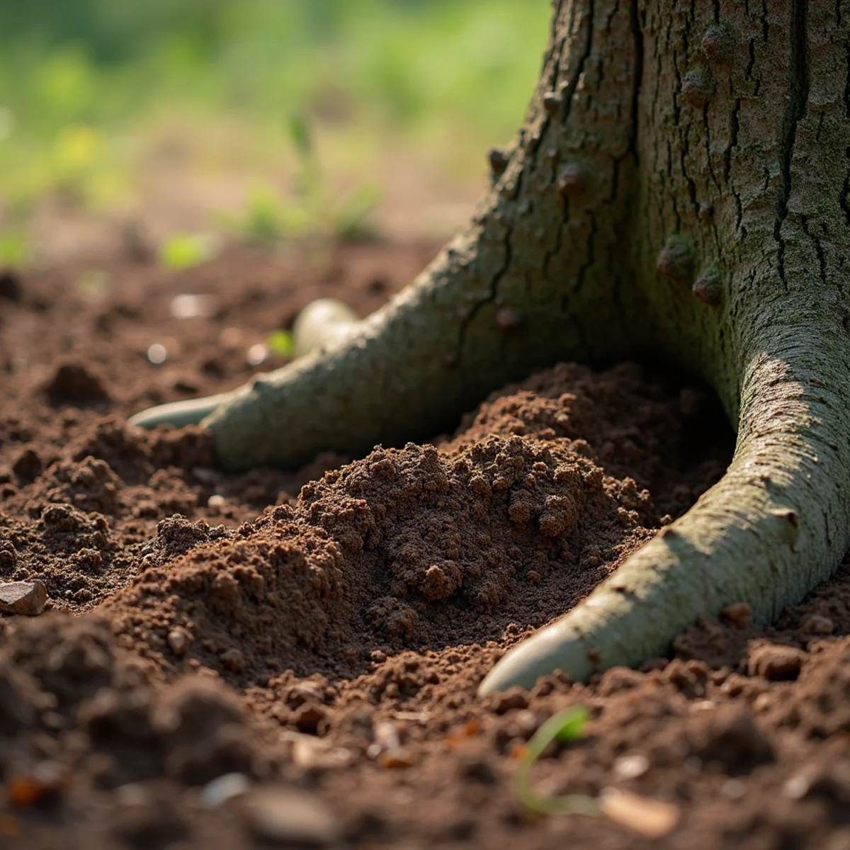 Soil mounding and cracking at root flare of leaning oak tree