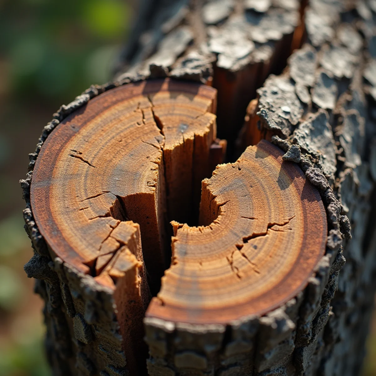 Longitudinal stress fracture splitting hardwood trunk bark