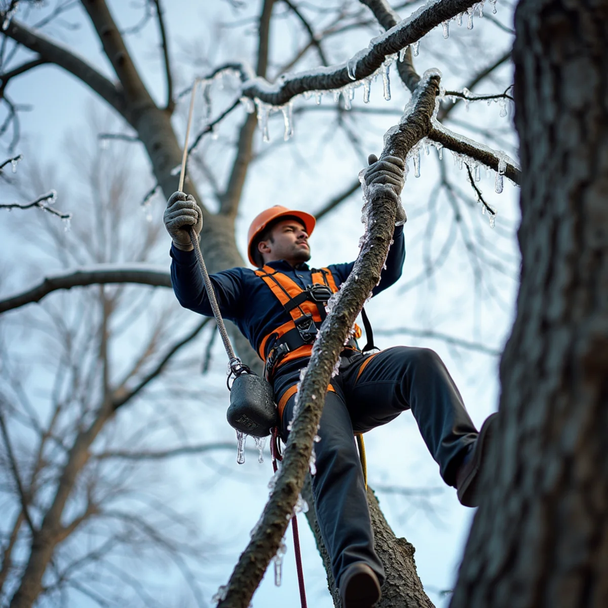 Ice-coated broken tree limb suspended dangerously in canopy
