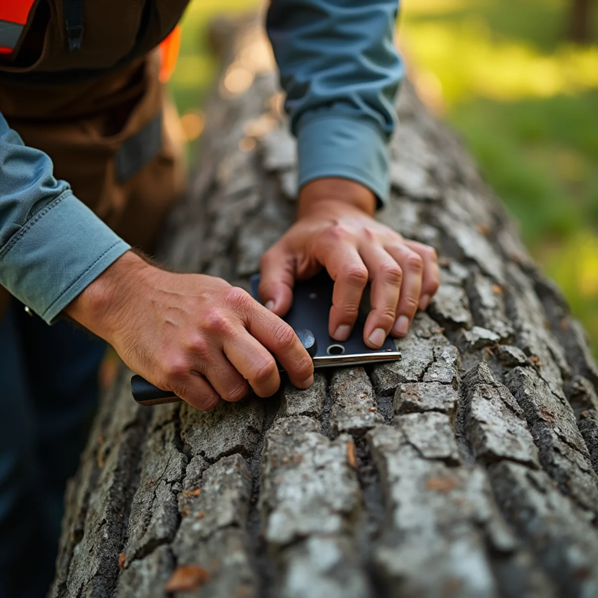 Arborist performing clean collar pruning cut on storm damaged oak