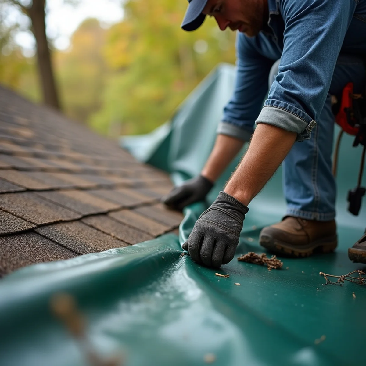 Installing heavy waterproof tarp over roof puncture after tree removal